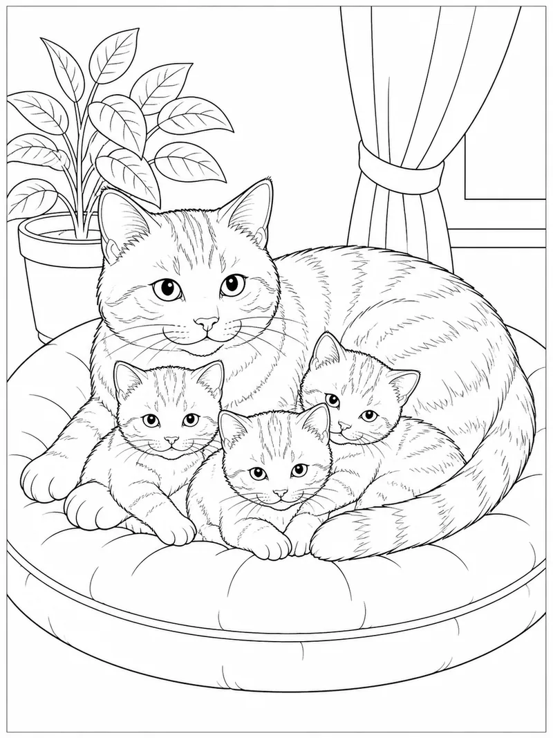 Раскраска Кошка с котятами