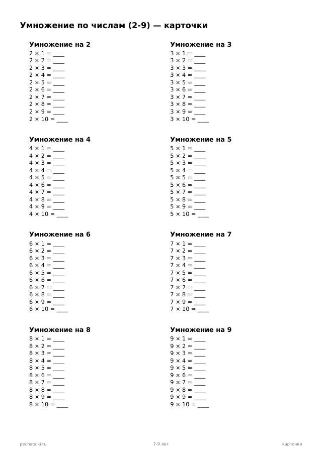 Умножение по числам 2-9